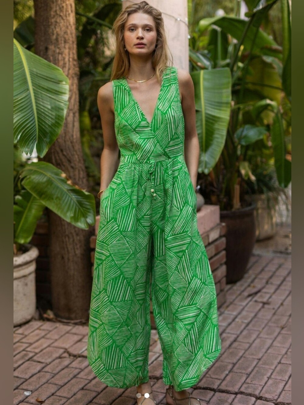 V-Neck Green Printed Wide-Leg Jumpsuit